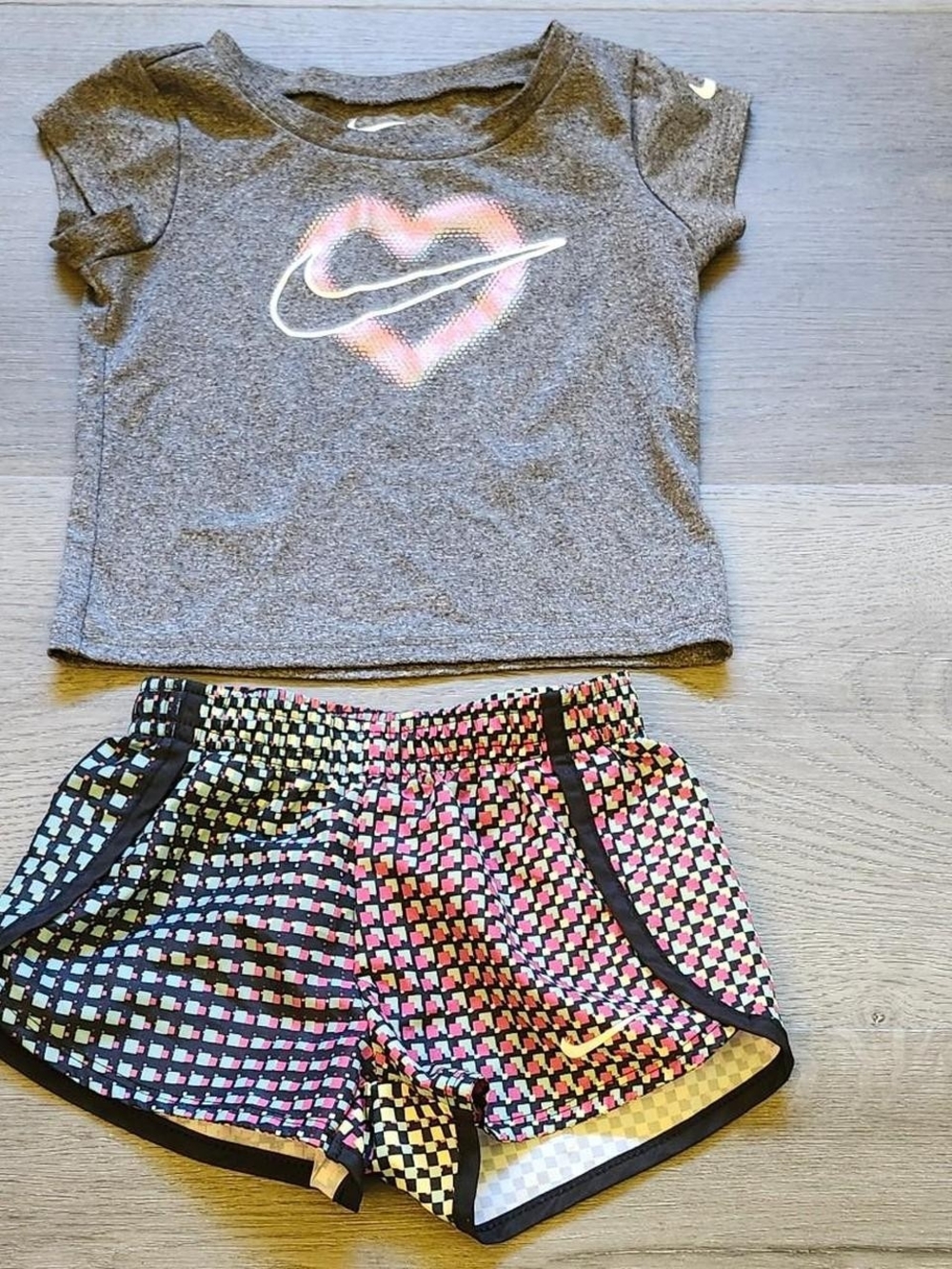 Nike Gray Heart Logo Tee with Multicolor Check Shorts